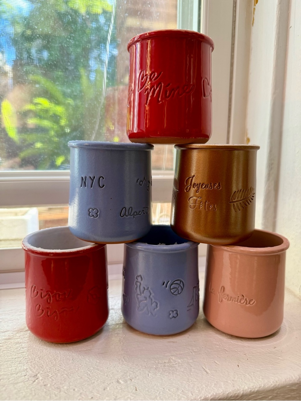 2 Red, 2 NY Alpert, 1 Gold NYE, 1 Pink Sping Terra Cotta La Fermiere Yogurt Pots
